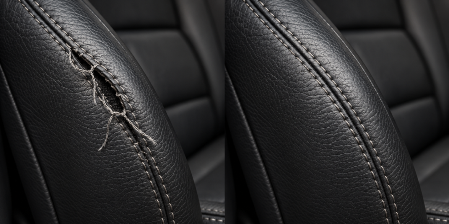 Detalhe ilustrativo de costura decorativa automotiva antes e depois do acabamento.
