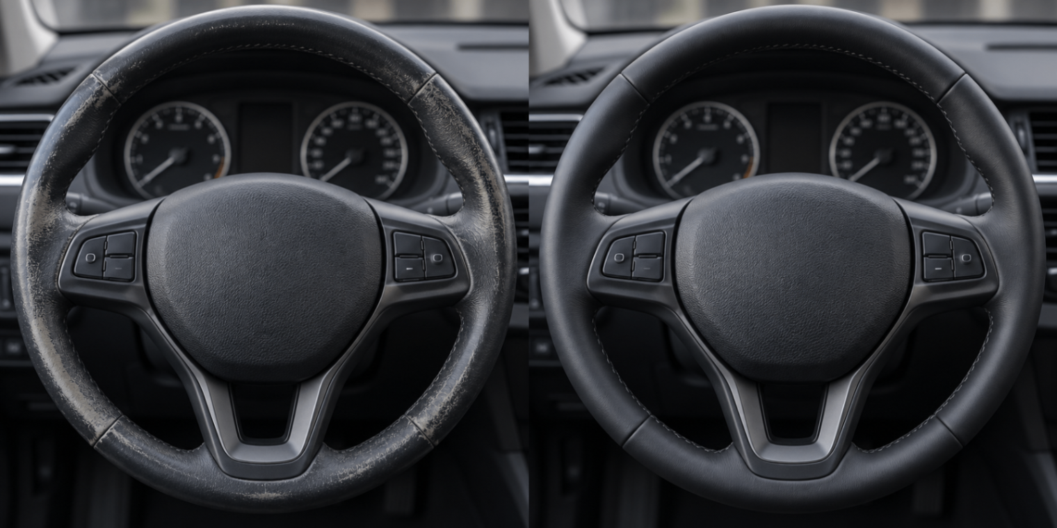 Comparativo ilustrativo do aro de um volante desgastado e com revestimento renovado.