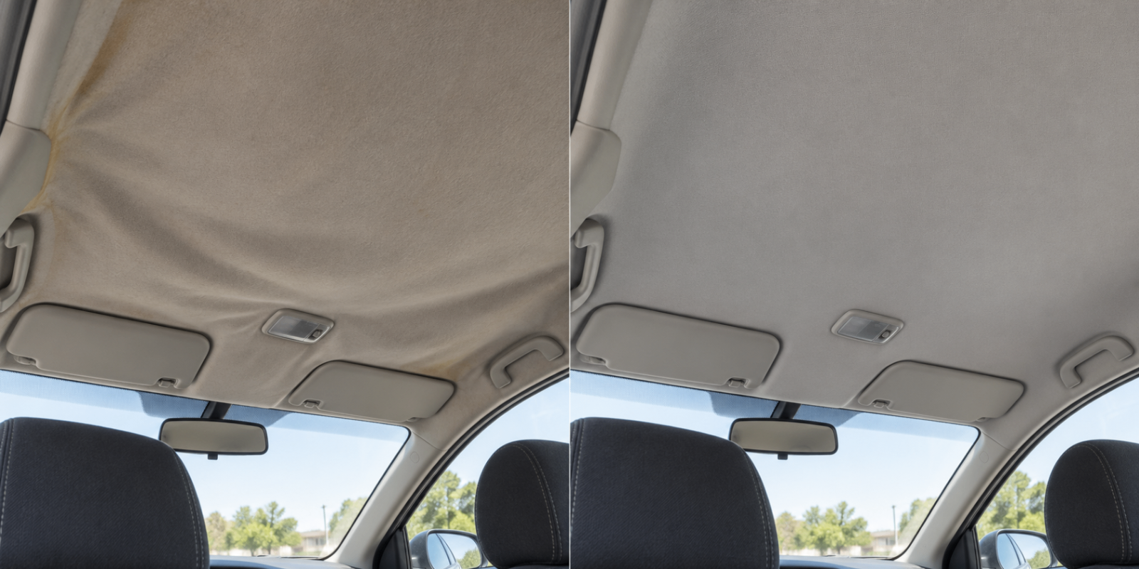Comparativo ilustrativo de forro de teto automotivo solto e acabamento renovado.